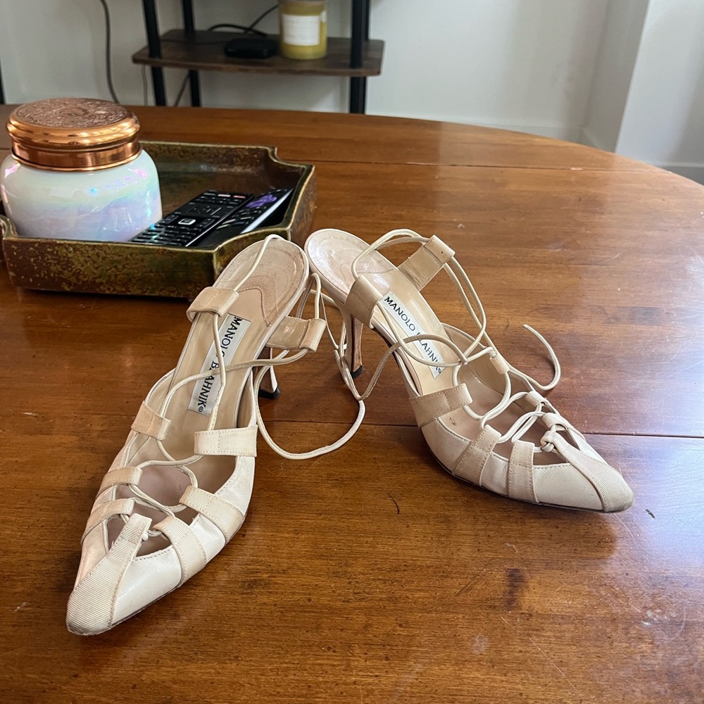 Manolo Blahnik Cream Strappy Heels